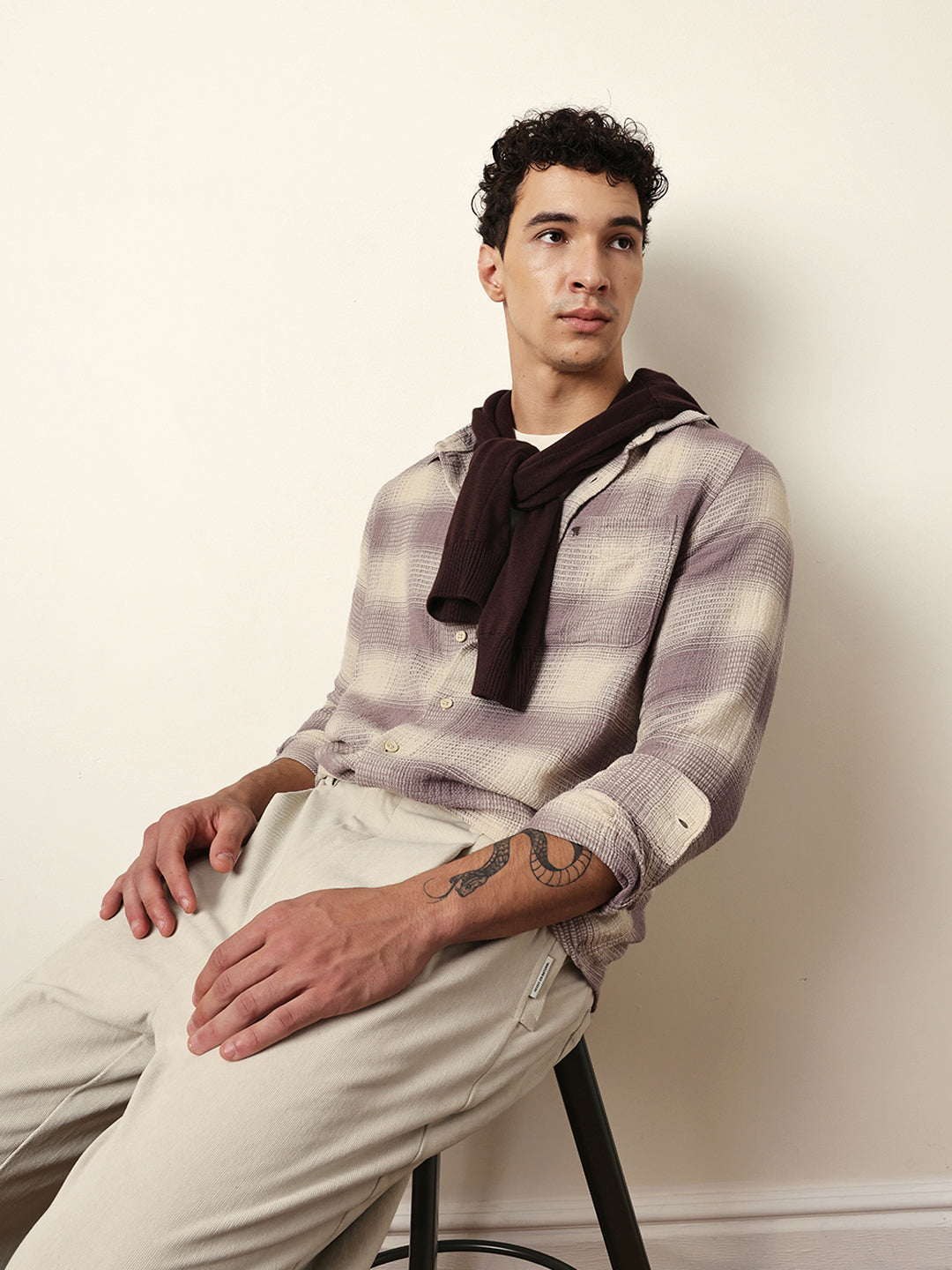 Purple & Cream Woven Textured Checks Regular Fit Casual Shirt