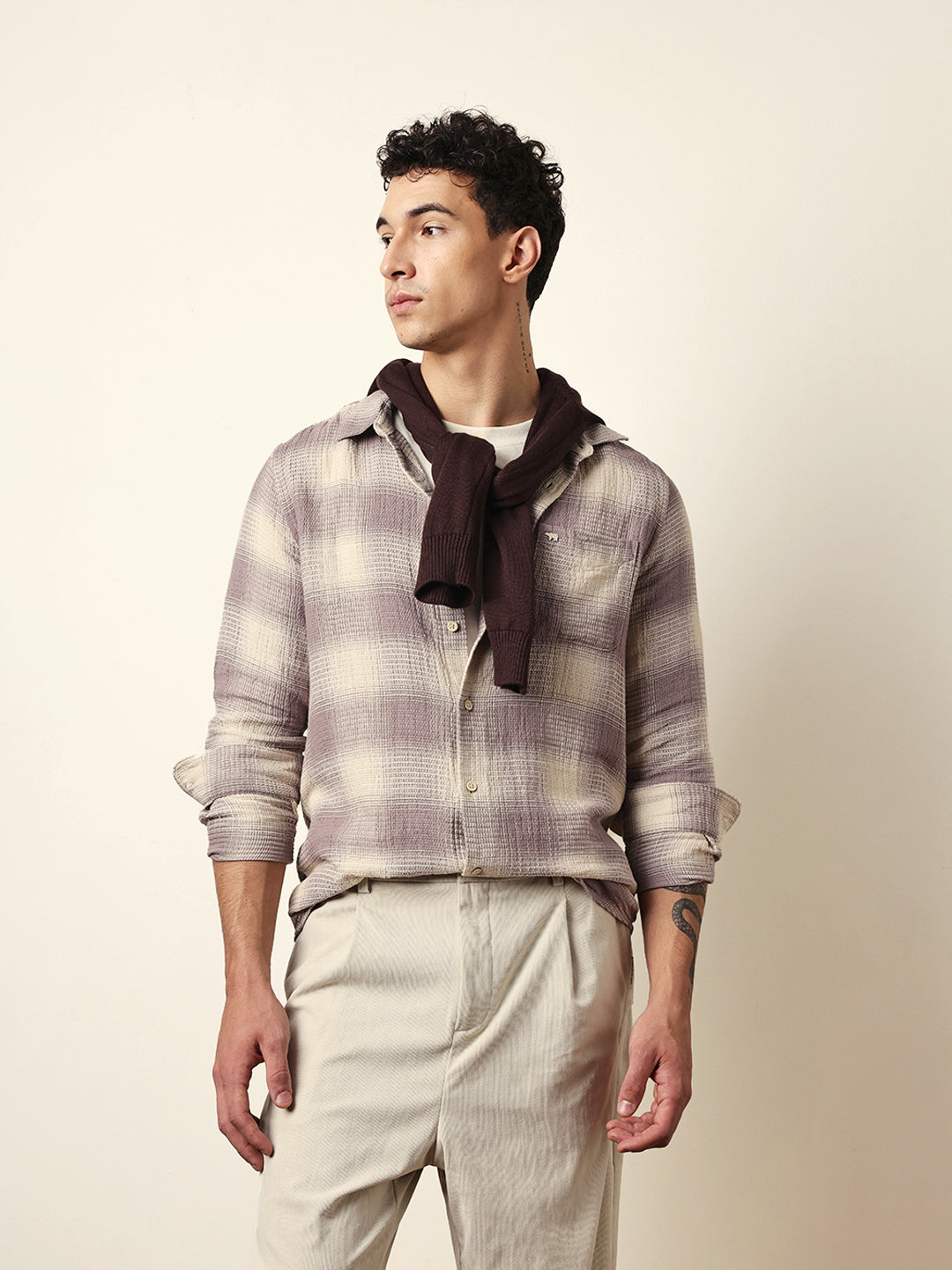 Purple & Cream Woven Textured Checks Regular Fit Casual Shirt