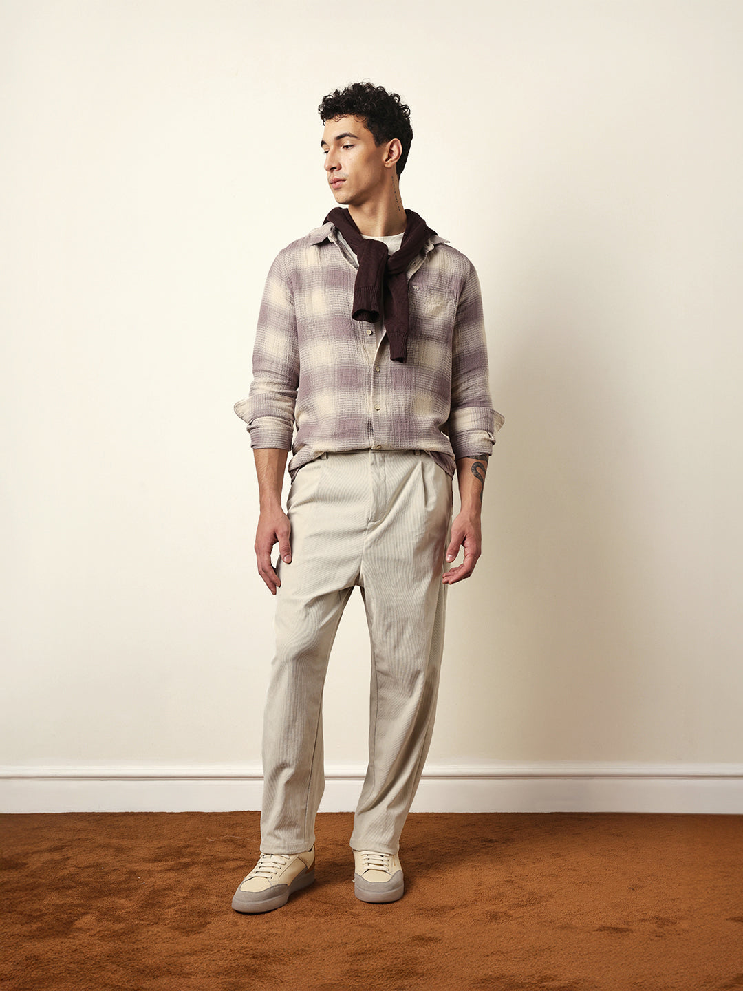 Purple & Cream Woven Textured Checks Regular Fit Casual Shirt