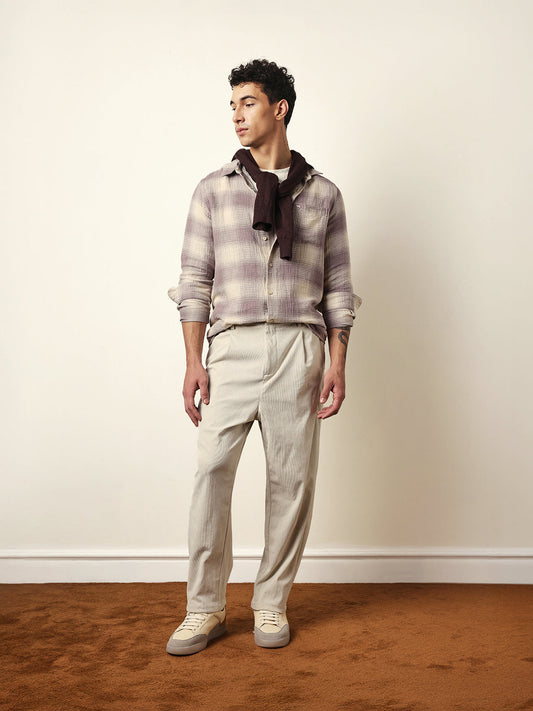 Purple & Cream Woven Textured Checks Regular Fit Casual Shirt