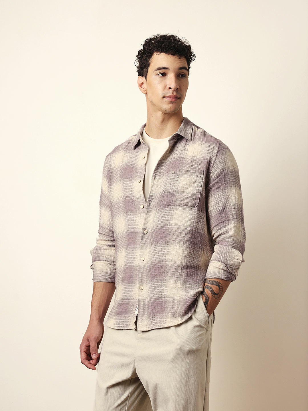Purple & Cream Woven Textured Checks Regular Fit Casual Shirt