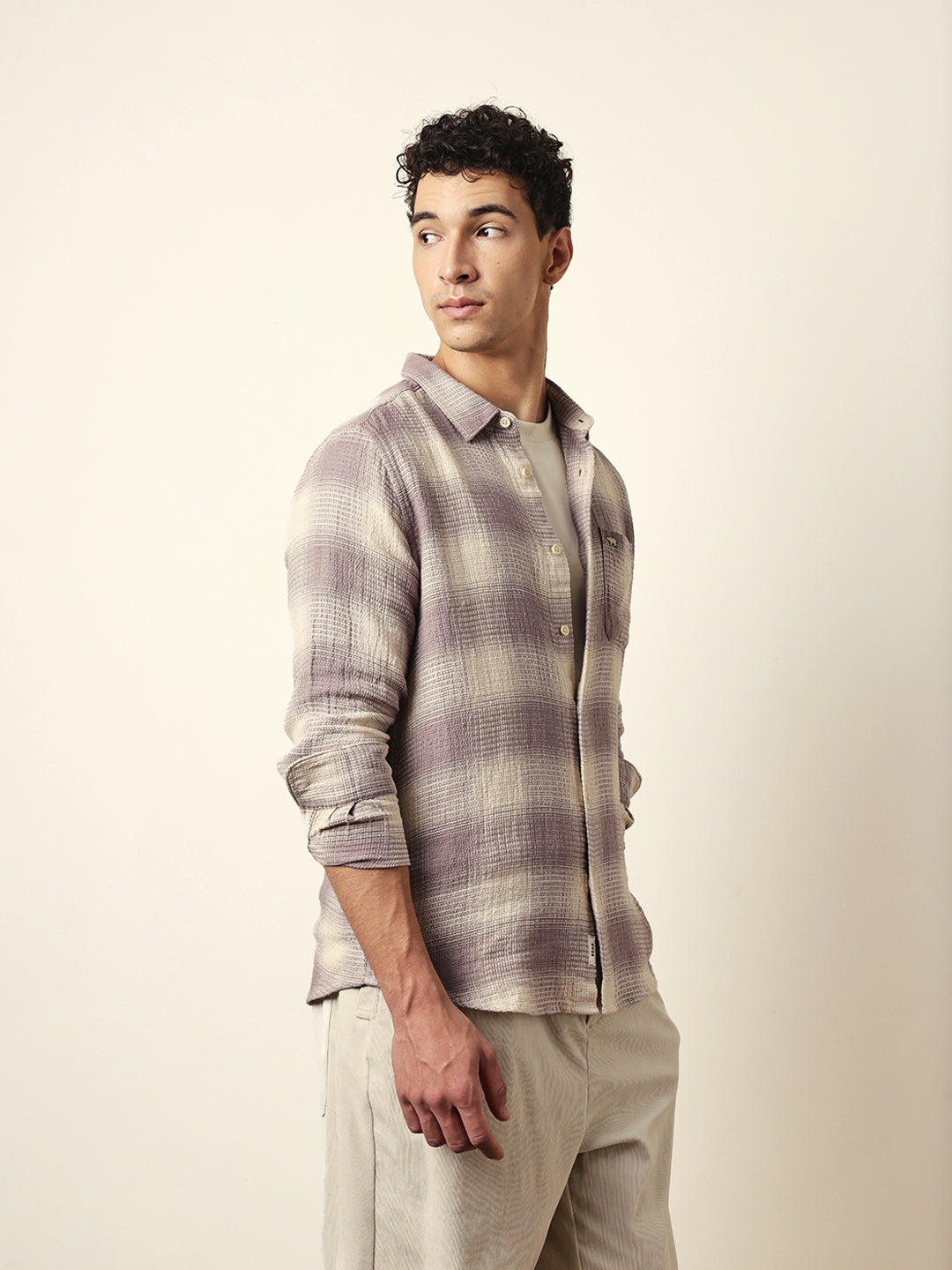 Purple & Cream Woven Textured Checks Regular Fit Casual Shirt