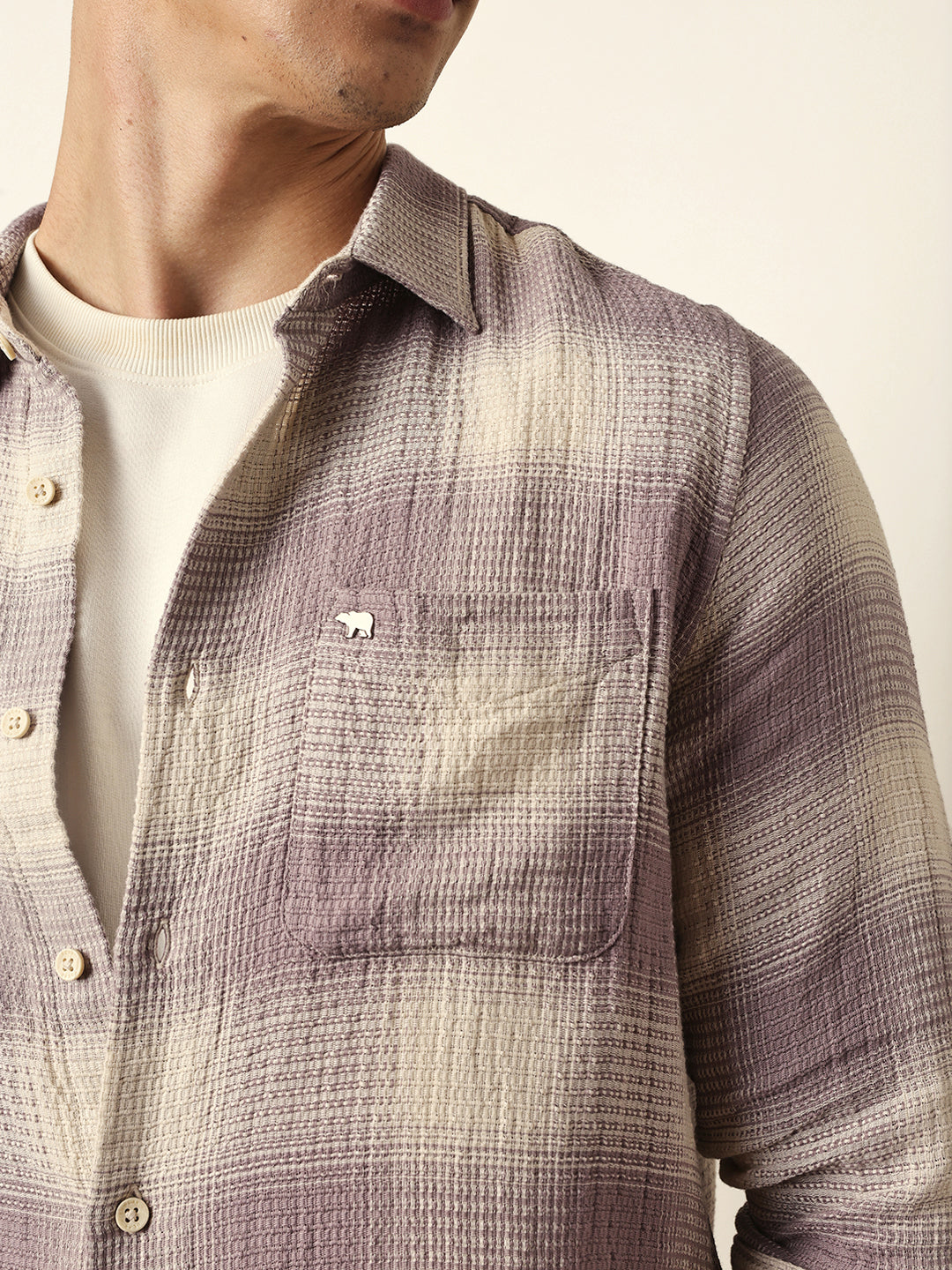 Purple & Cream Woven Textured Checks Regular Fit Casual Shirt