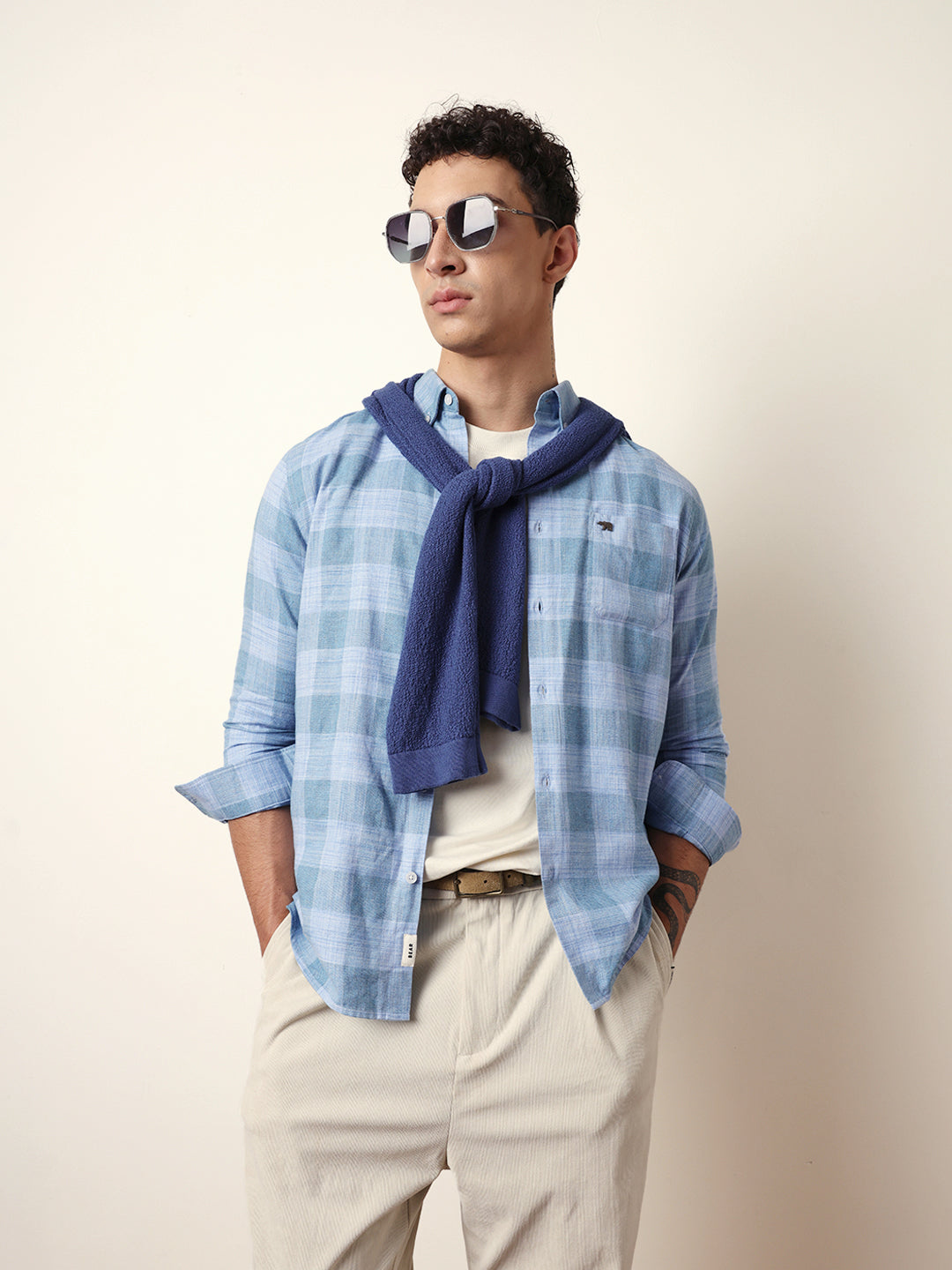 Blue Woven Tartan Checked Slim Fit Casual Shirt