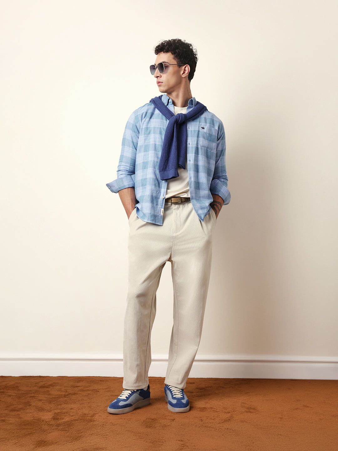 Blue Woven Tartan Checked Slim Fit Casual Shirt