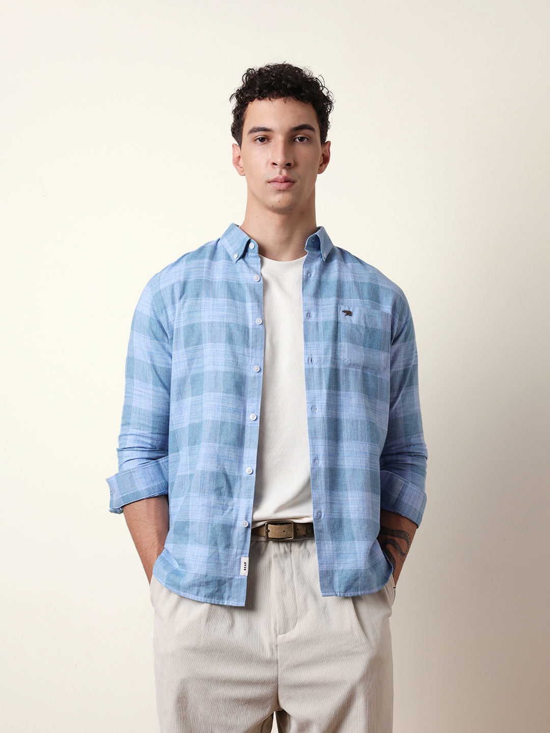 Blue Woven Tartan Checked Slim Fit Casual Shirt