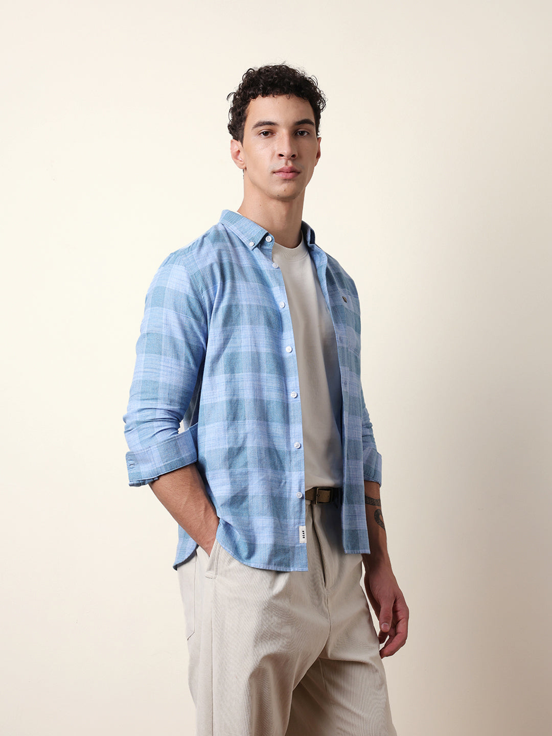 Blue Woven Tartan Checked Slim Fit Casual Shirt