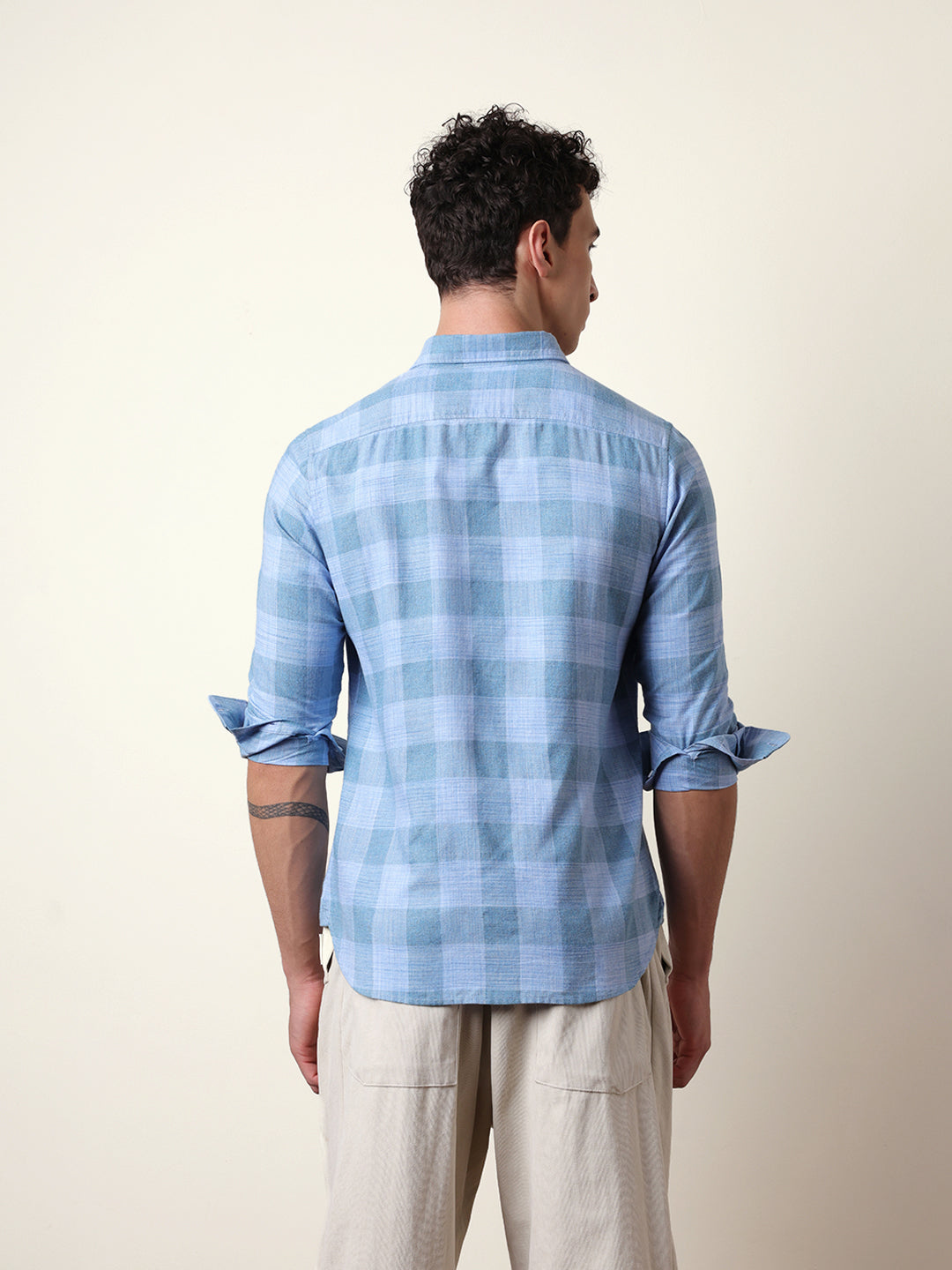 Blue Woven Tartan Checked Slim Fit Casual Shirt
