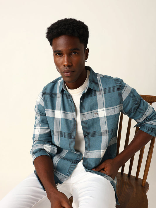 Blue Woven Check Slim Fit Casual Shirt