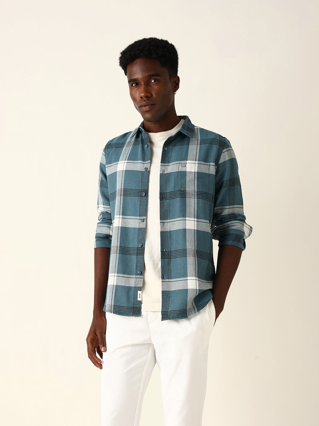 Blue Woven Check Slim Fit Casual Shirt