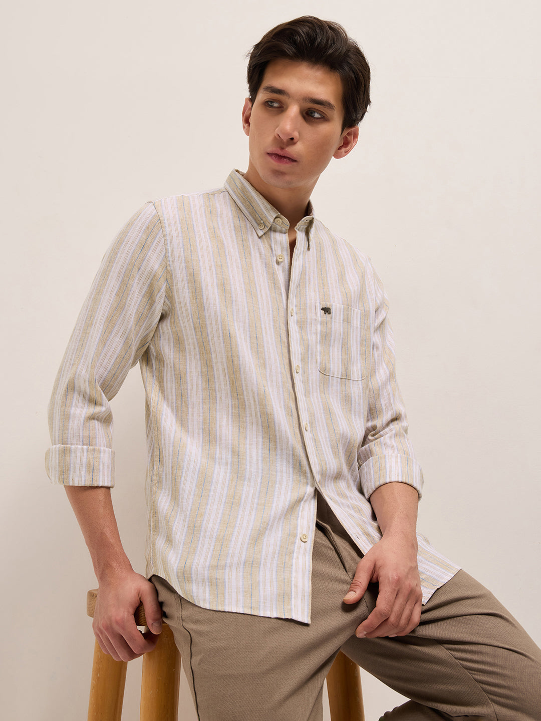 Beige with White Vertical Stripes Slim Fit Casual Shirt