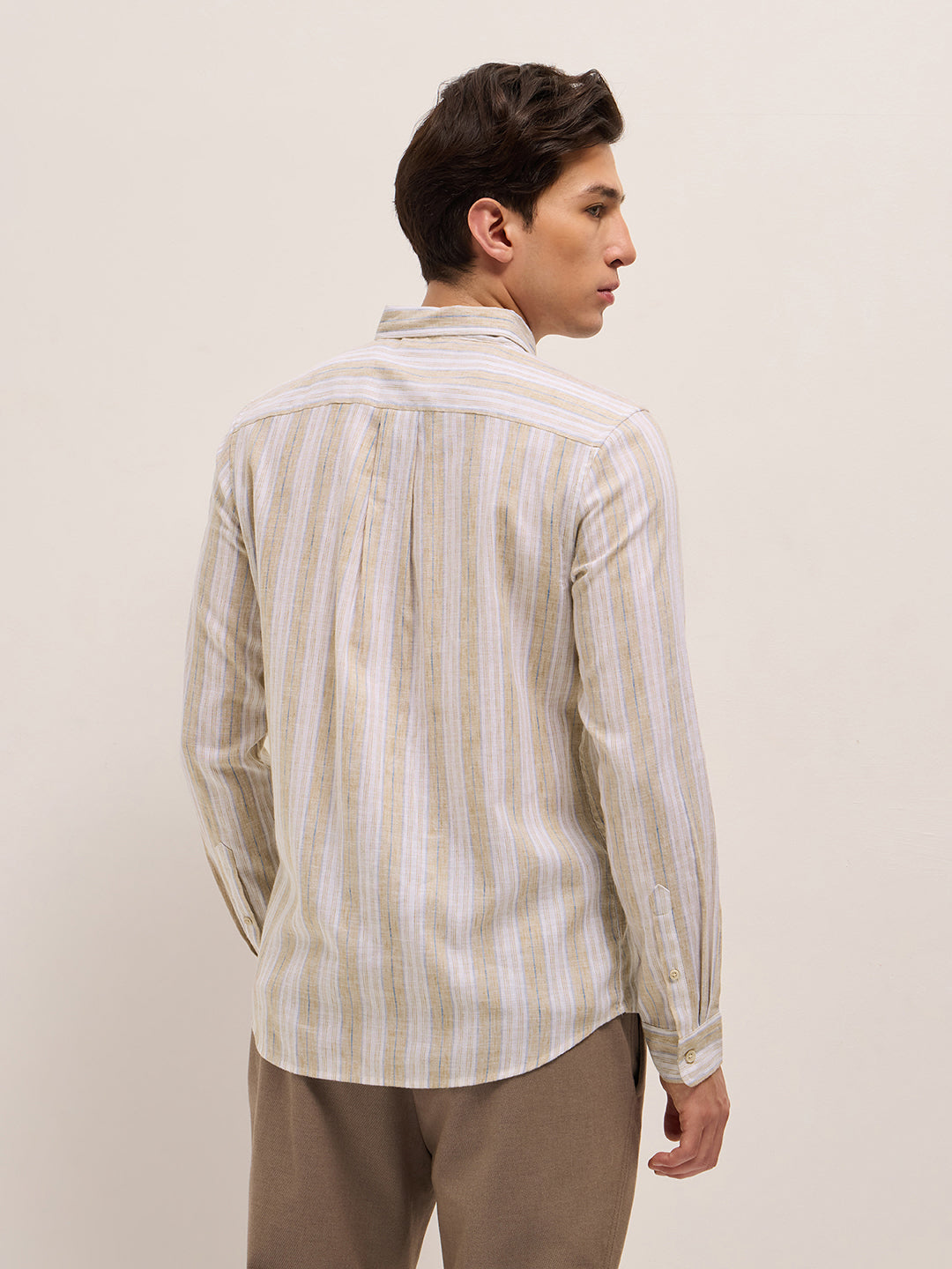 Beige with White Vertical Stripes Slim Fit Casual Shirt