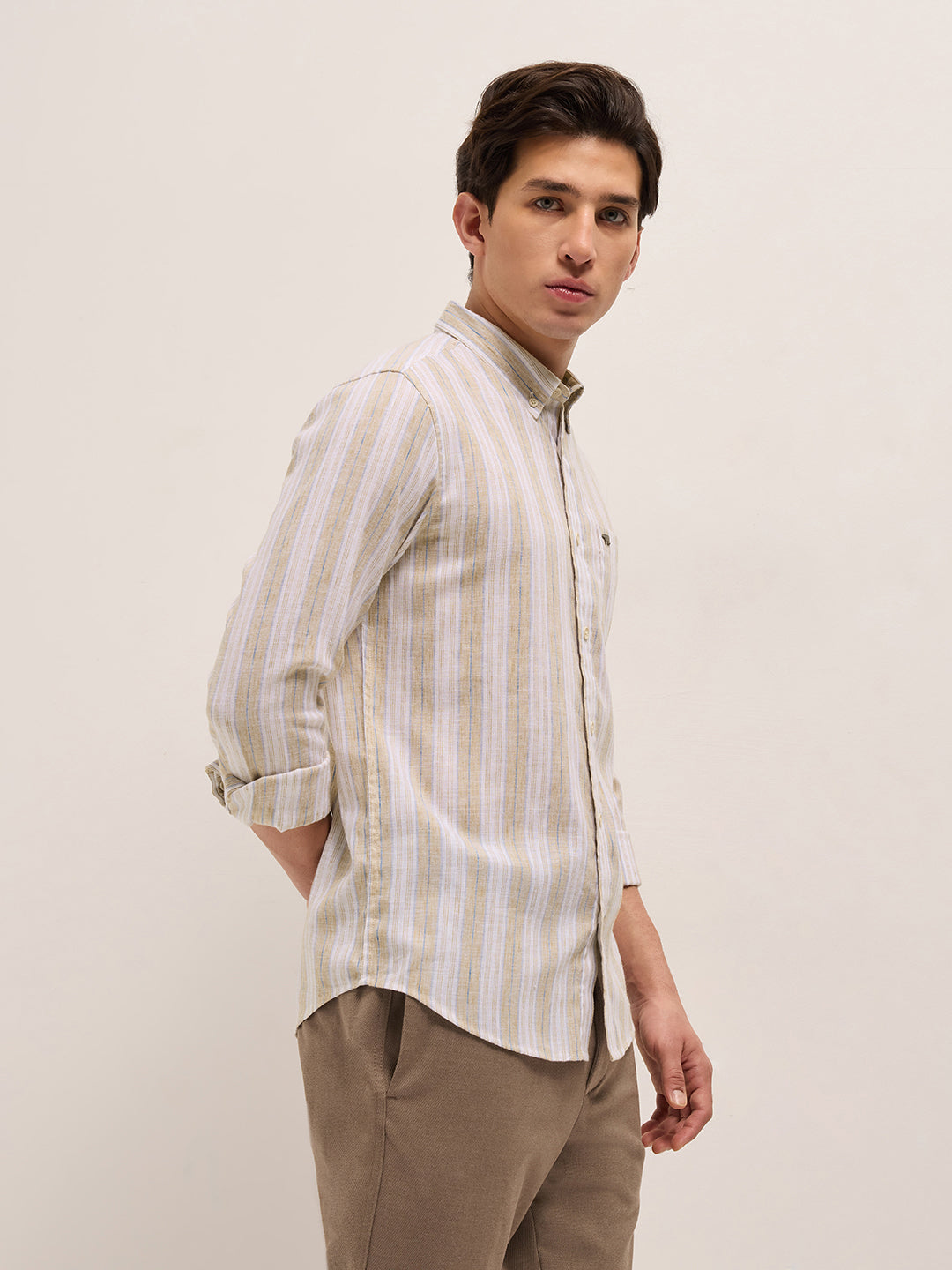 Beige with White Vertical Stripes Slim Fit Casual Shirt