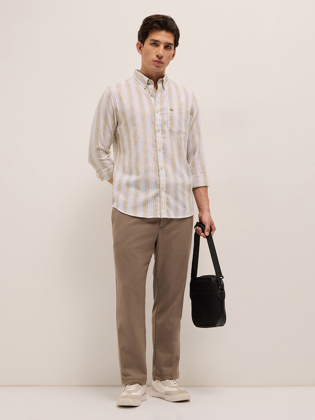 Beige with White Vertical Stripes Slim Fit Casual Shirt