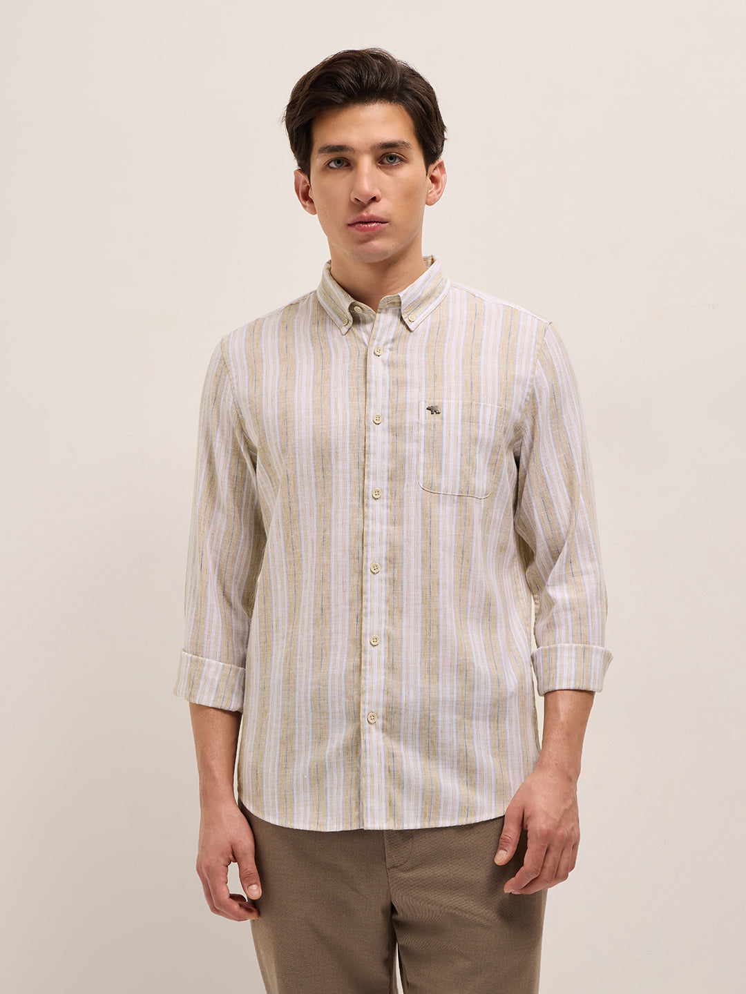 Beige with White Vertical Stripes Slim Fit Casual Shirt