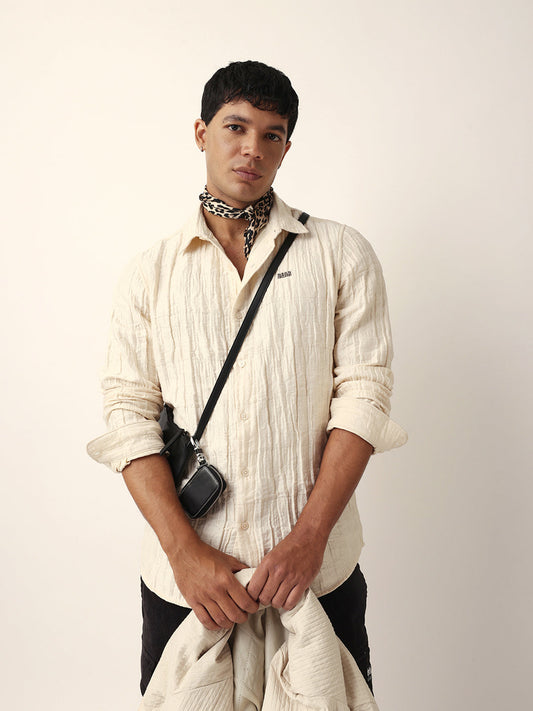 Cream Textured Woven Self-Design Slim Fit Casual Shirt