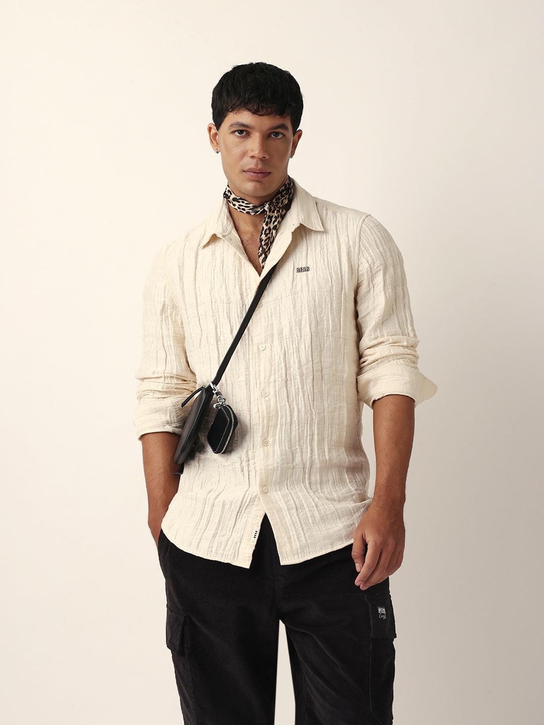 Cream Textured Woven Self-Design Slim Fit Casual Shirt