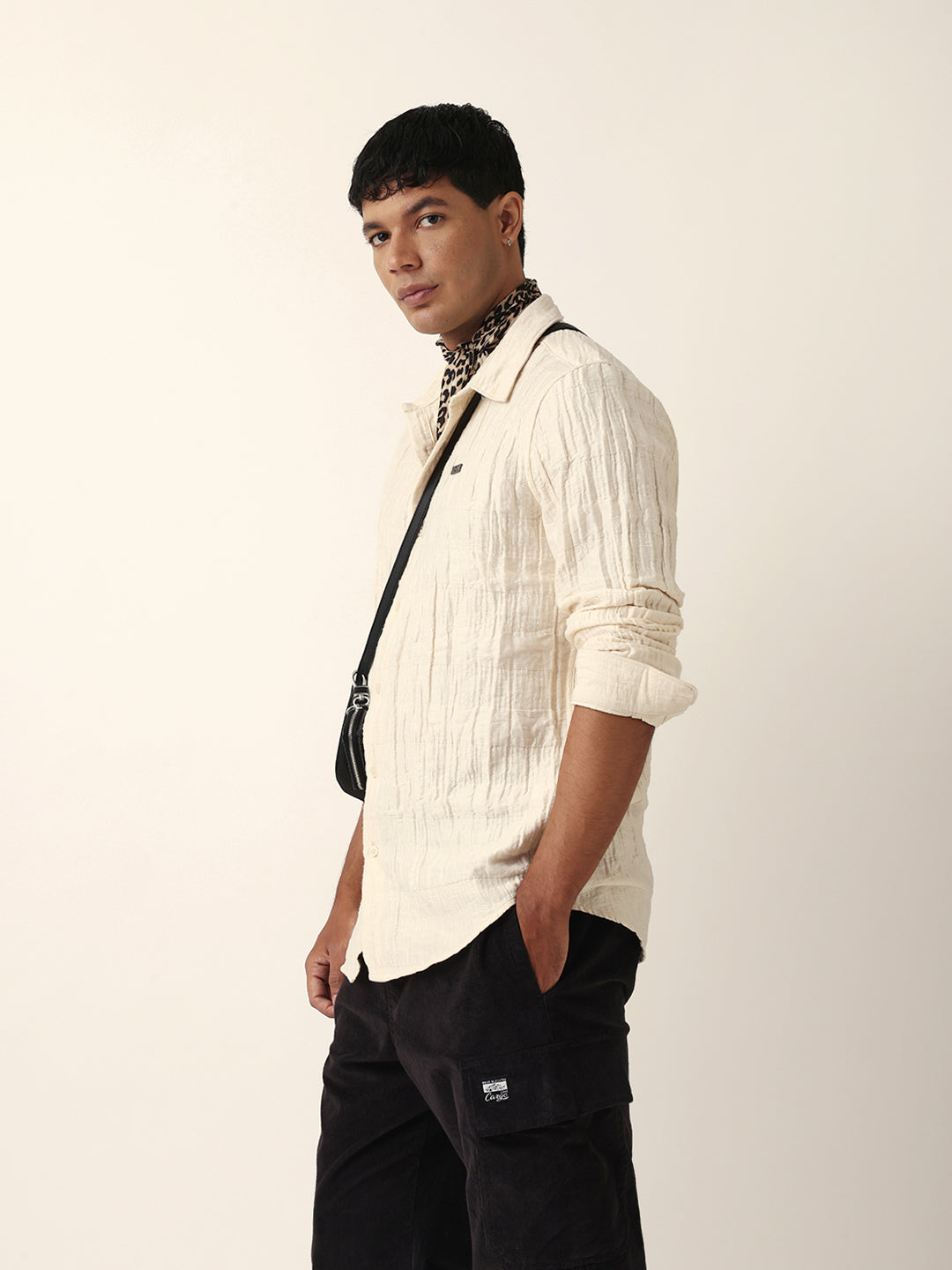 Cream Textured Woven Self-Design Slim Fit Casual Shirt
