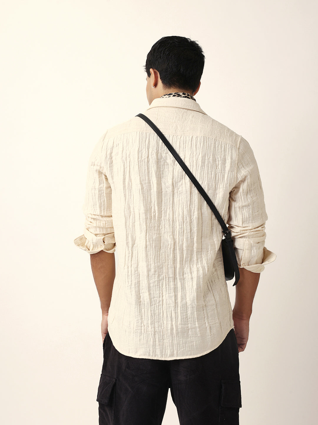 Cream Textured Woven Self-Design Slim Fit Casual Shirt