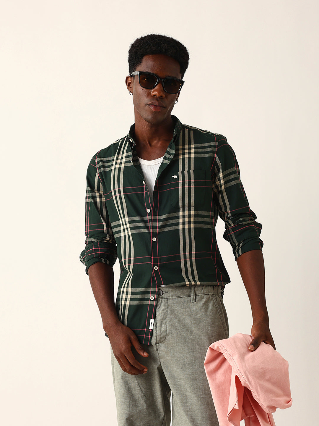 Dark Green Windowpane Checked Slim Fit Woven Casual Shirt