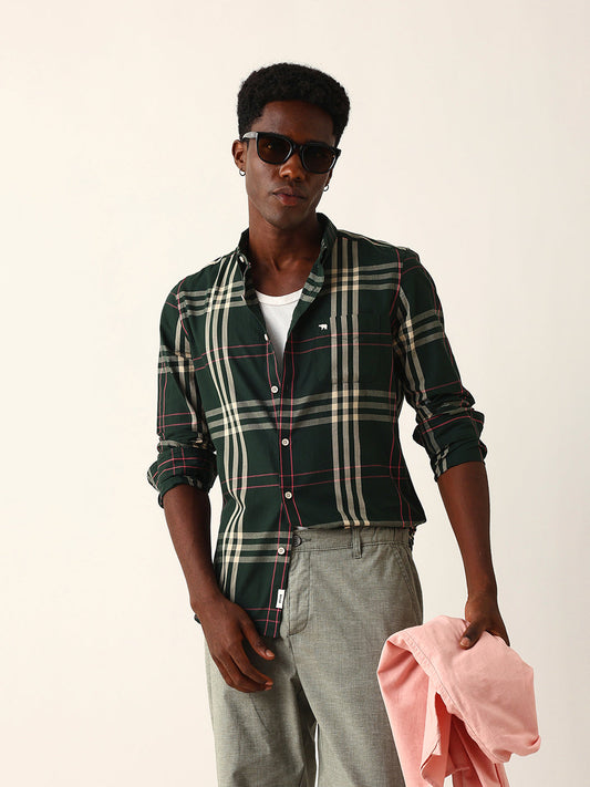 Dark Green Windowpane Checked Slim Fit Woven Casual Shirt