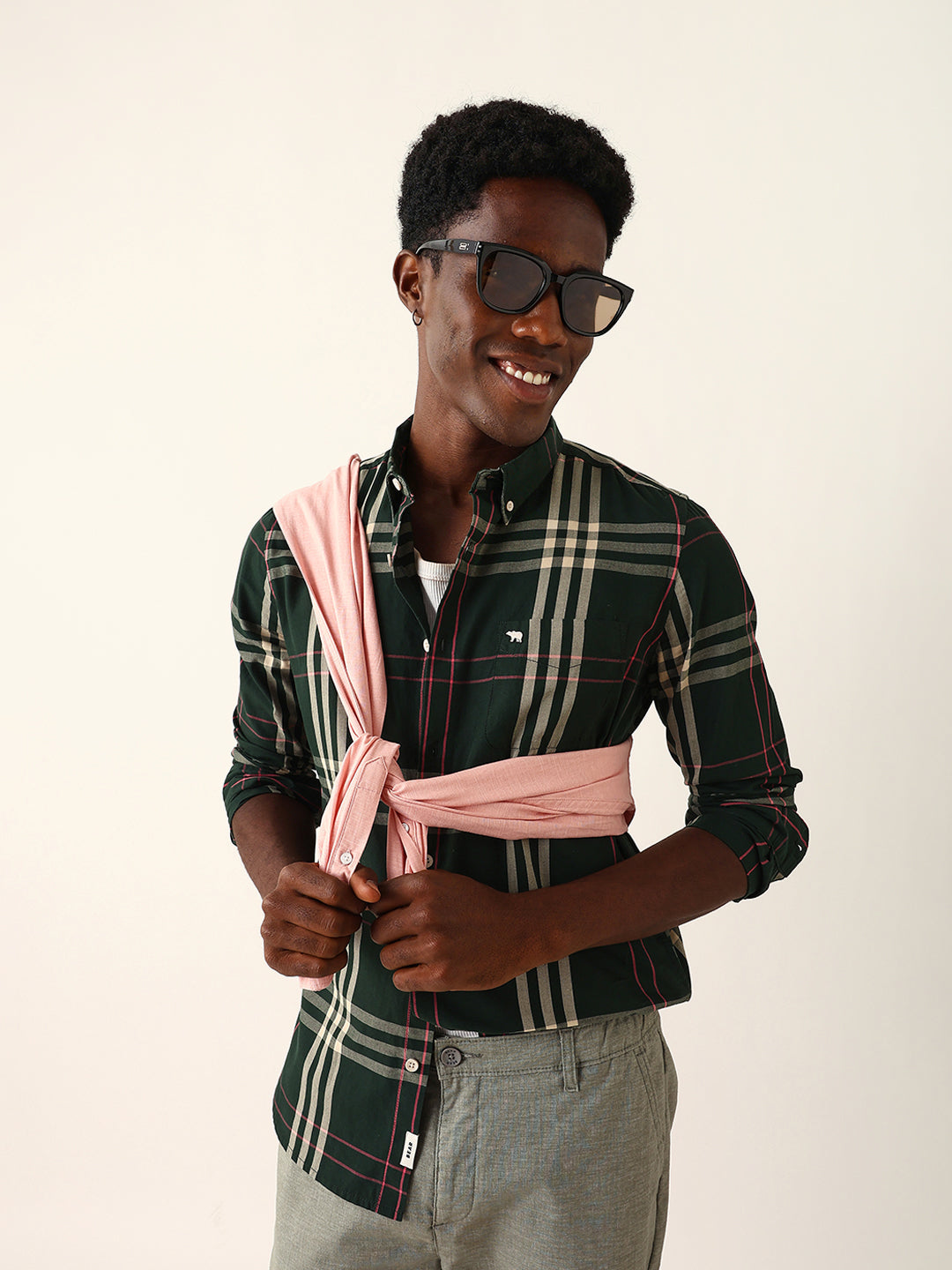 Dark Green Windowpane Checked Slim Fit Woven Casual Shirt