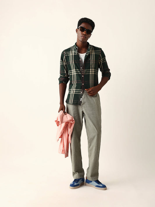 Dark Green Windowpane Checked Slim Fit Woven Casual Shirt
