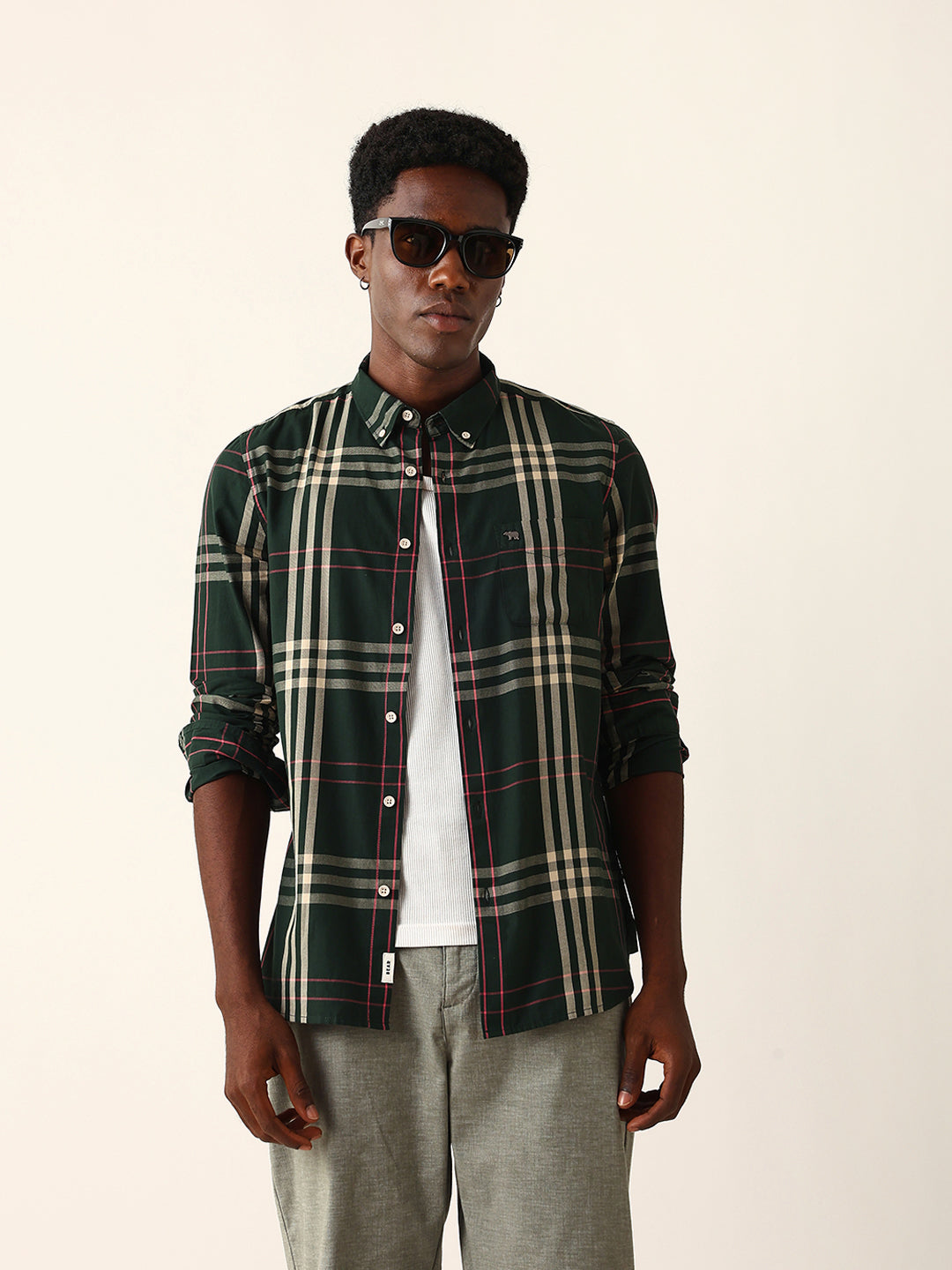 Dark Green Windowpane Checked Slim Fit Woven Casual Shirt