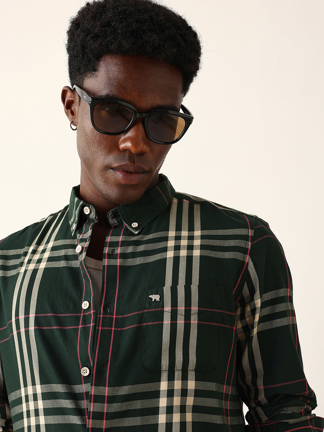 Dark Green Windowpane Checked Slim Fit Woven Casual Shirt