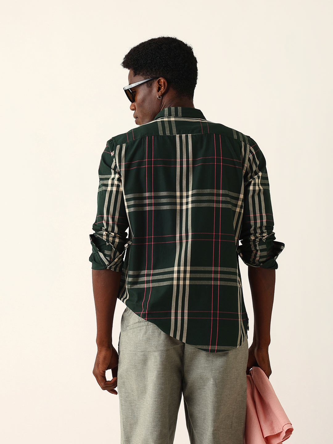 Dark Green Windowpane Checked Slim Fit Woven Casual Shirt