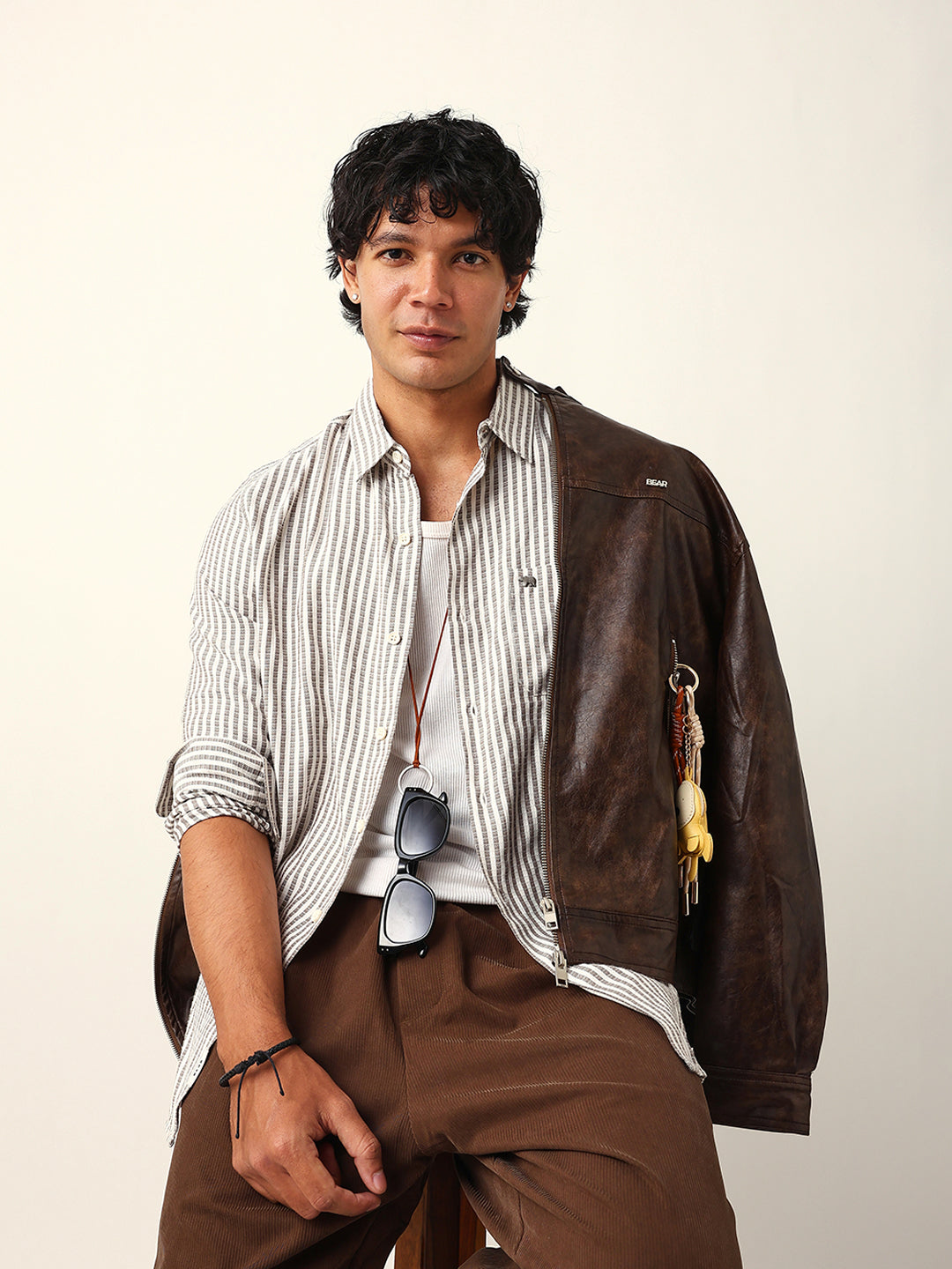 Grey & White Vertical Woven Pinstriped Slim Fit Casual Shirt