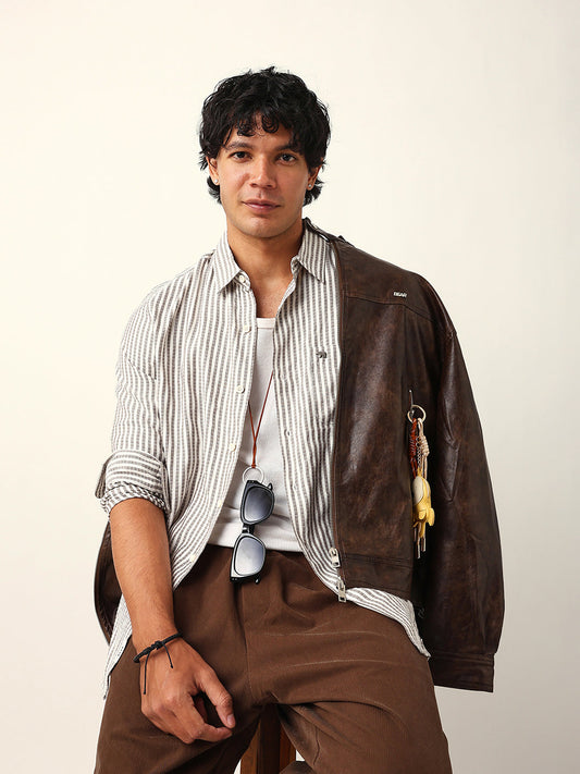 Grey & White Vertical Woven Pinstriped Slim Fit Casual Shirt