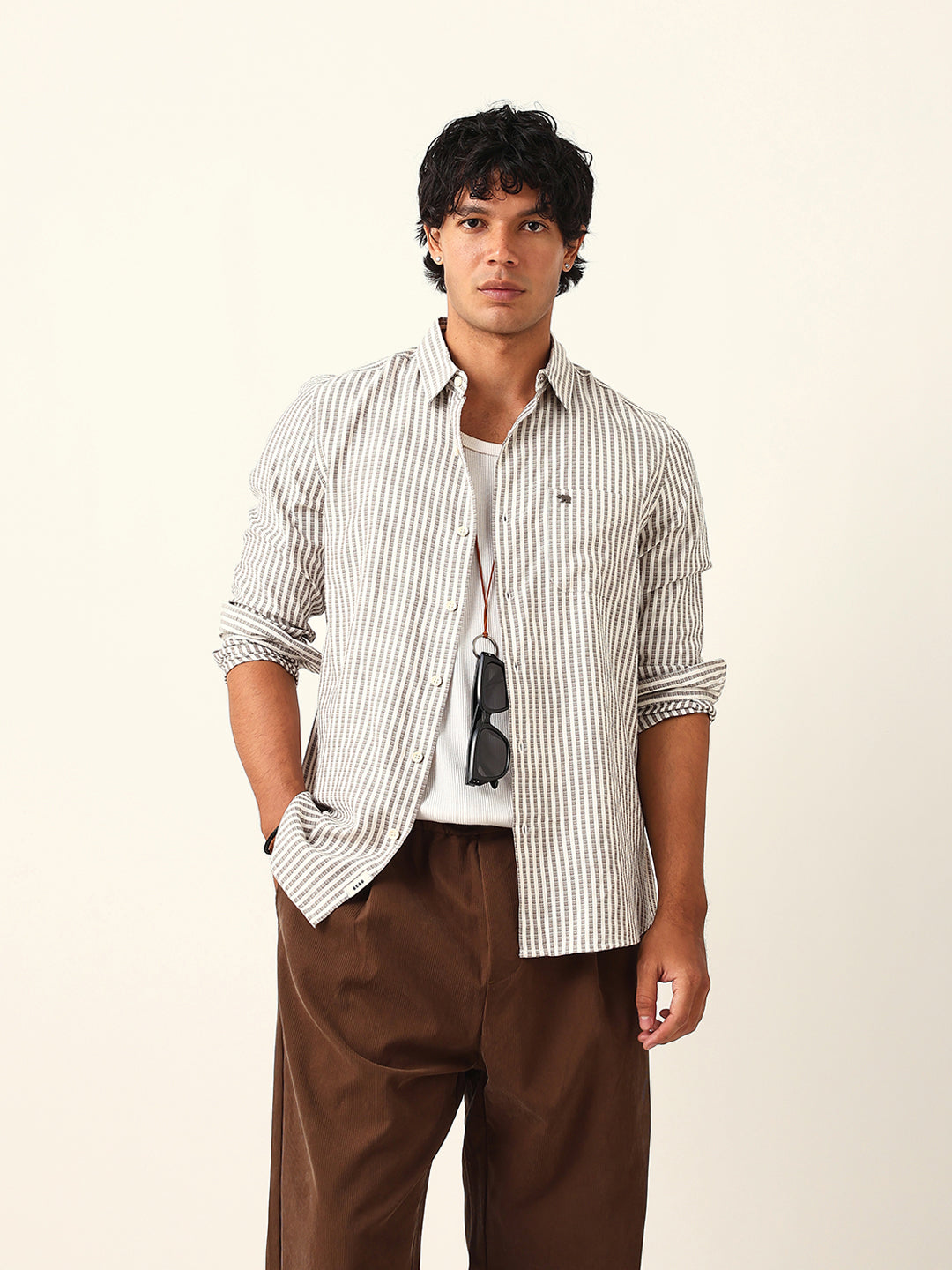 Grey & White Vertical Woven Pinstriped Slim Fit Casual Shirt