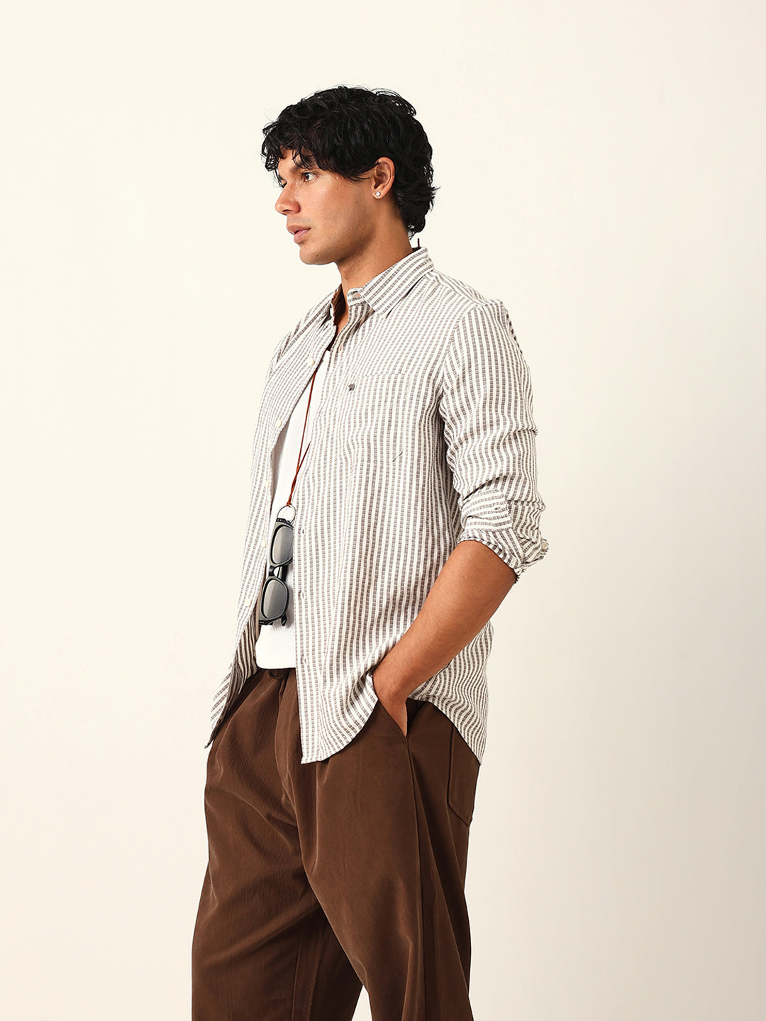 Grey & White Vertical Woven Pinstriped Slim Fit Casual Shirt