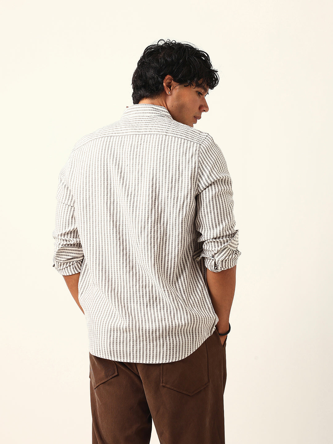 Grey & White Vertical Woven Pinstriped Slim Fit Casual Shirt