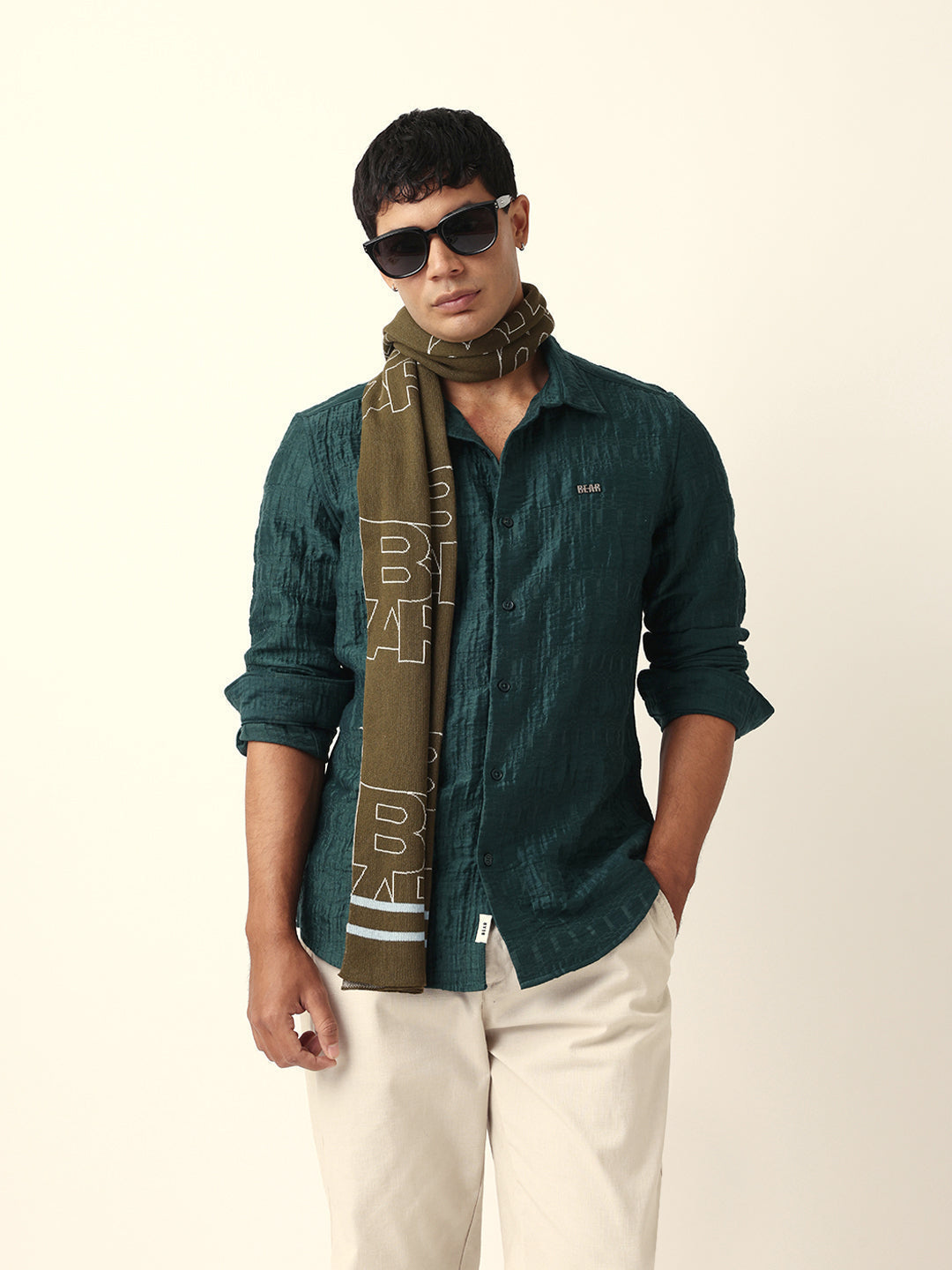 Green Textured Woven Self-Design Slim Fit Casual Shirt