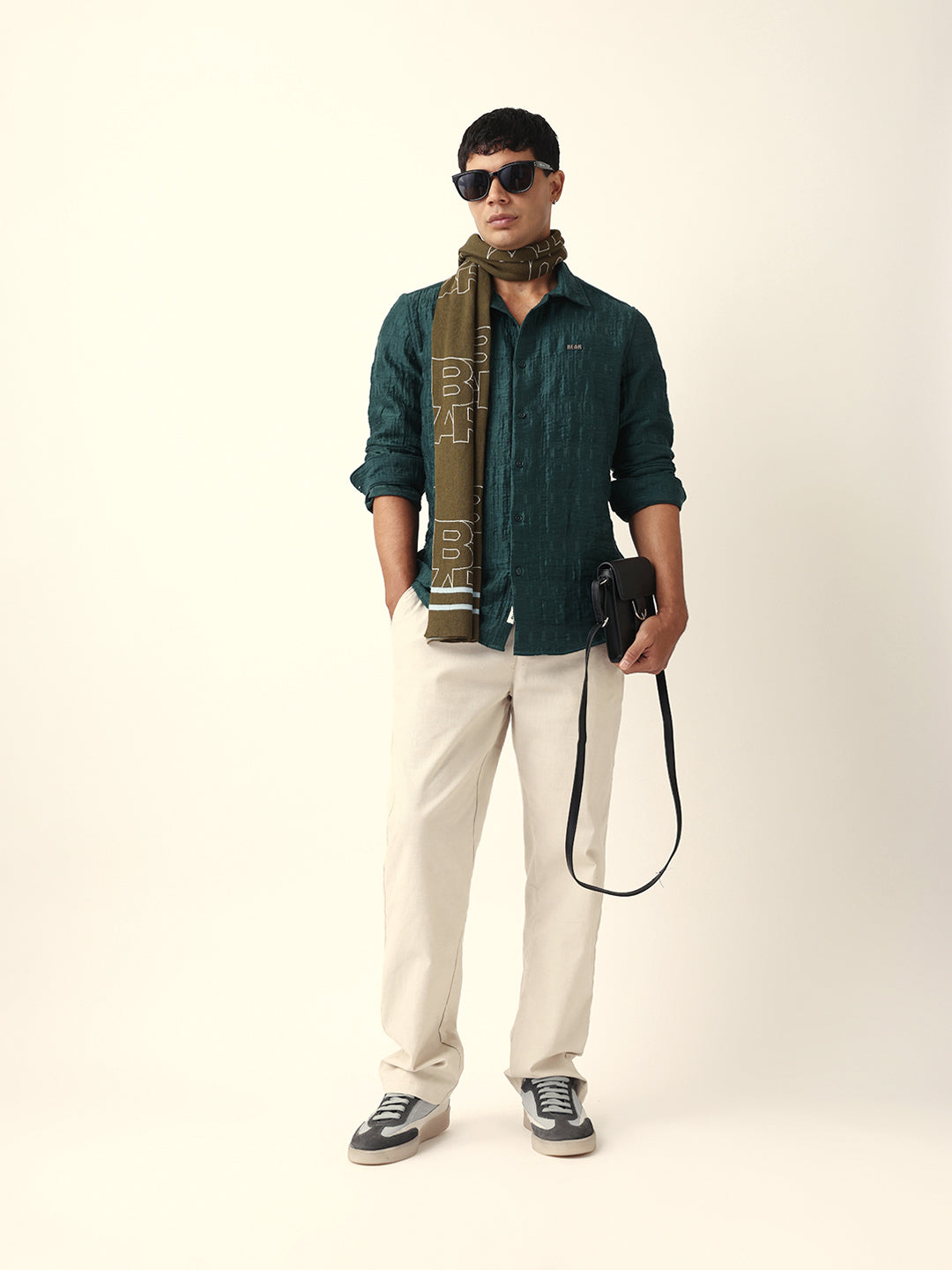 Green Textured Woven Self-Design Slim Fit Casual Shirt