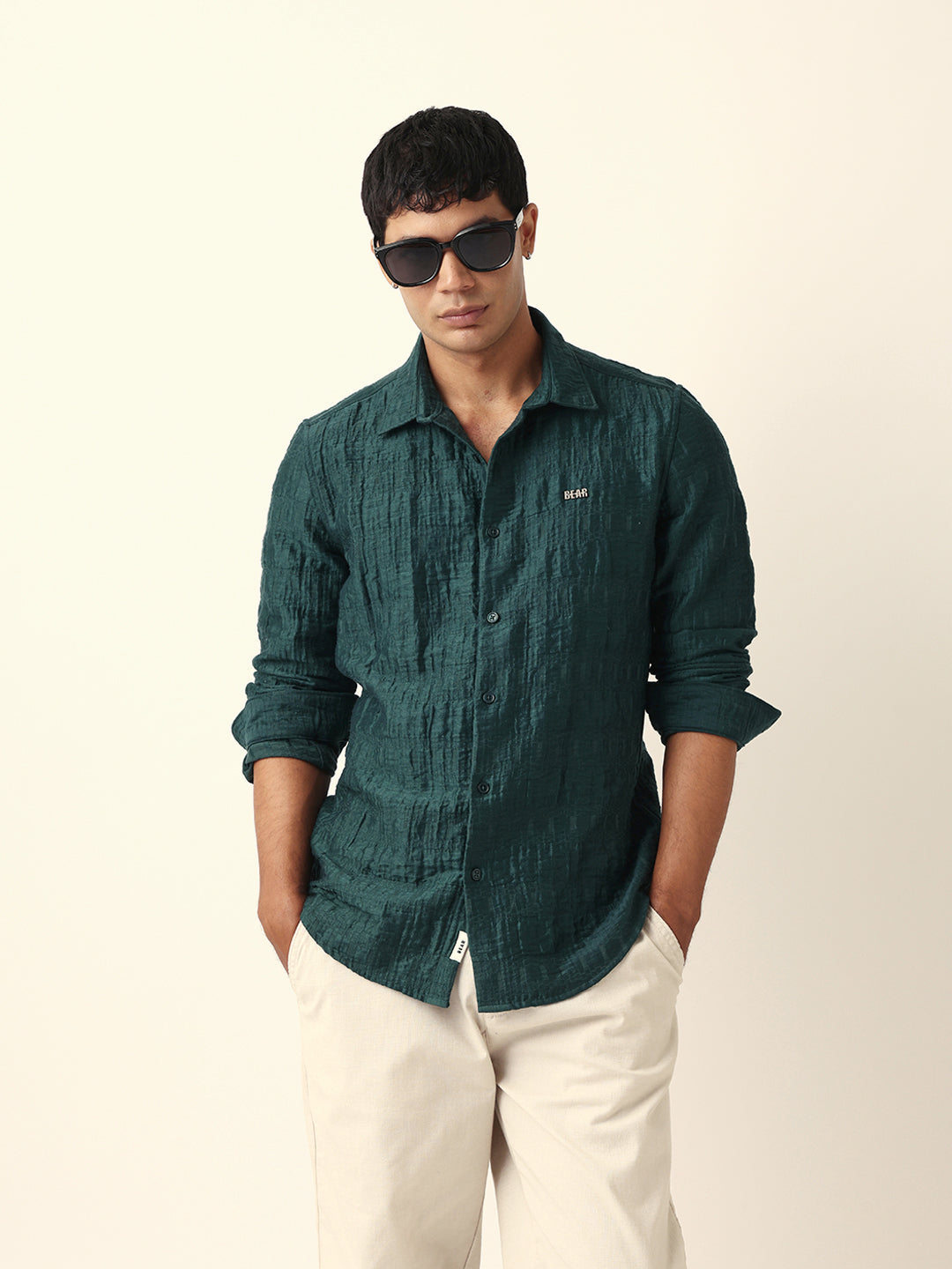 Green Textured Woven Self-Design Slim Fit Casual Shirt
