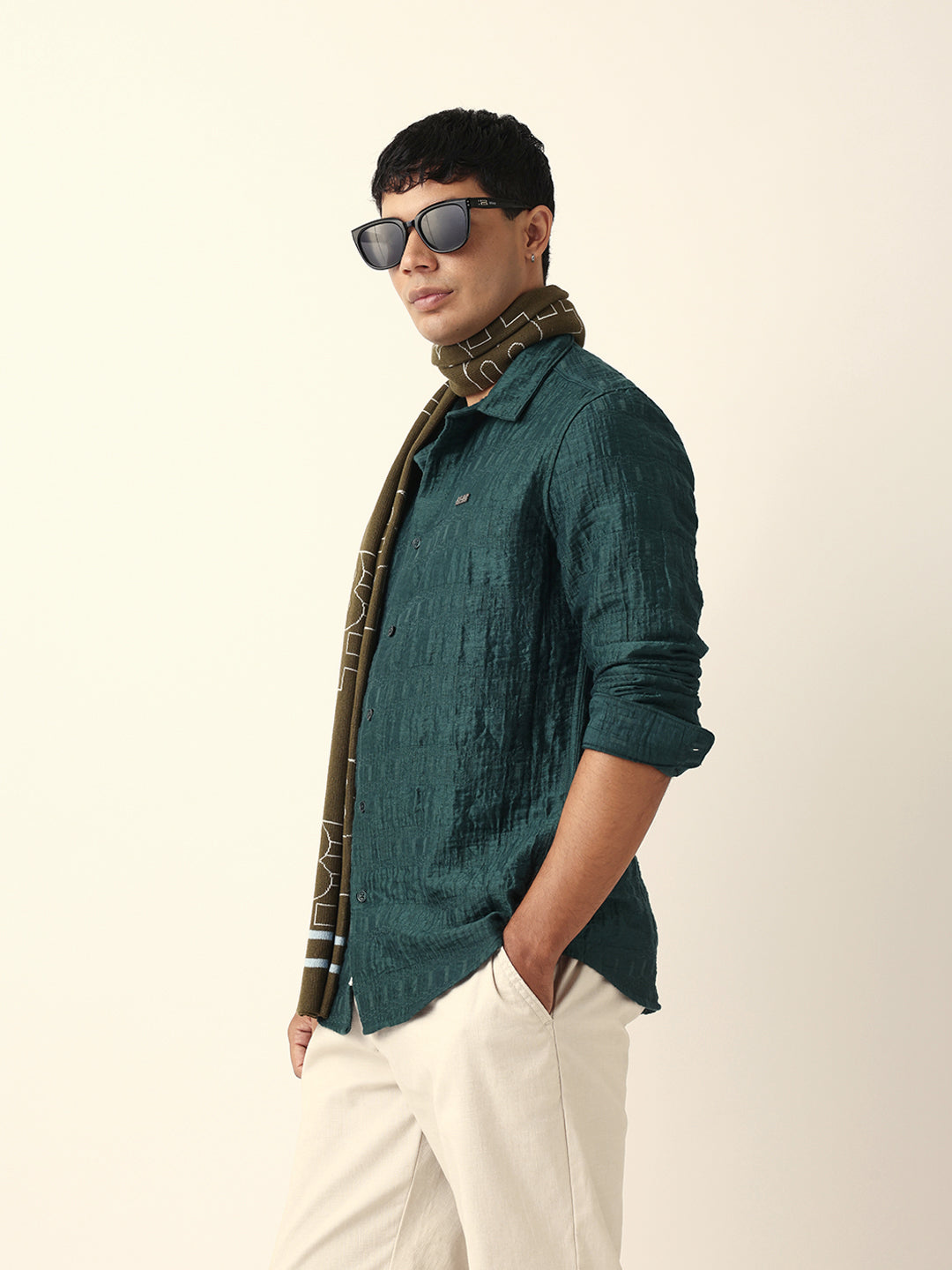 Green Textured Woven Self-Design Slim Fit Casual Shirt