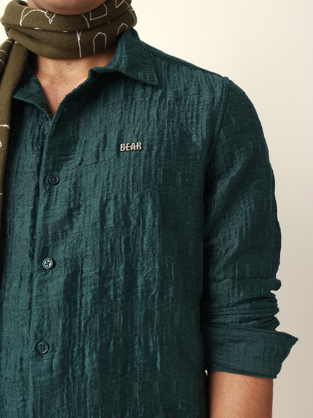 Green Textured Woven Self-Design Slim Fit Casual Shirt