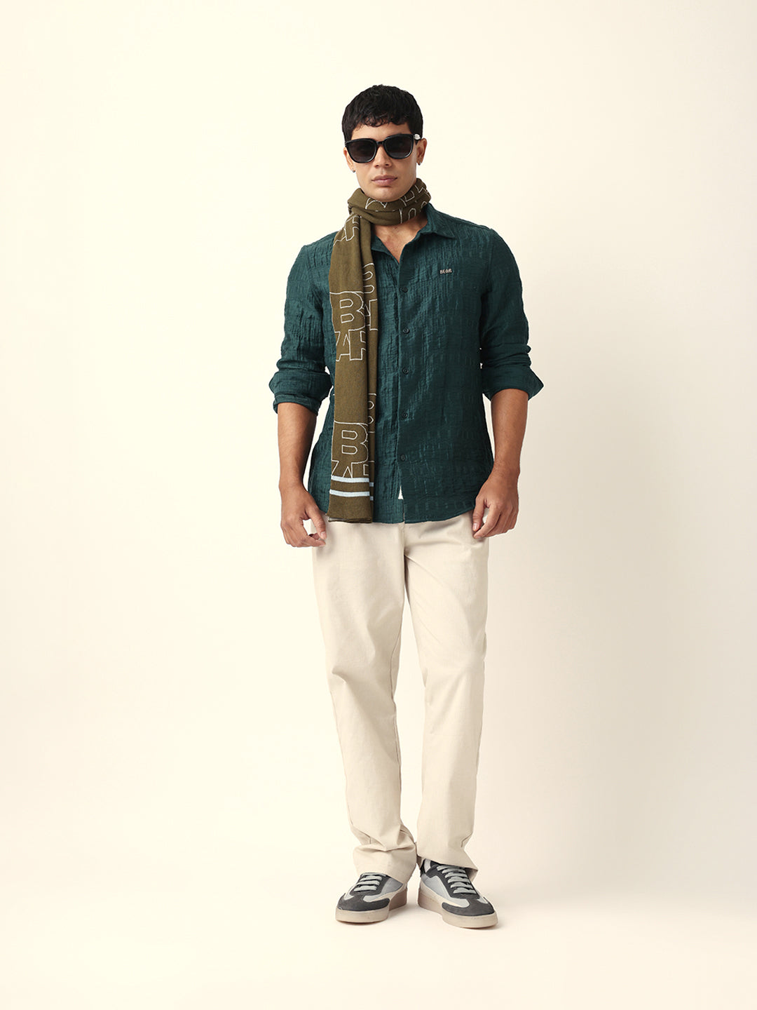 Green Textured Woven Self-Design Slim Fit Casual Shirt