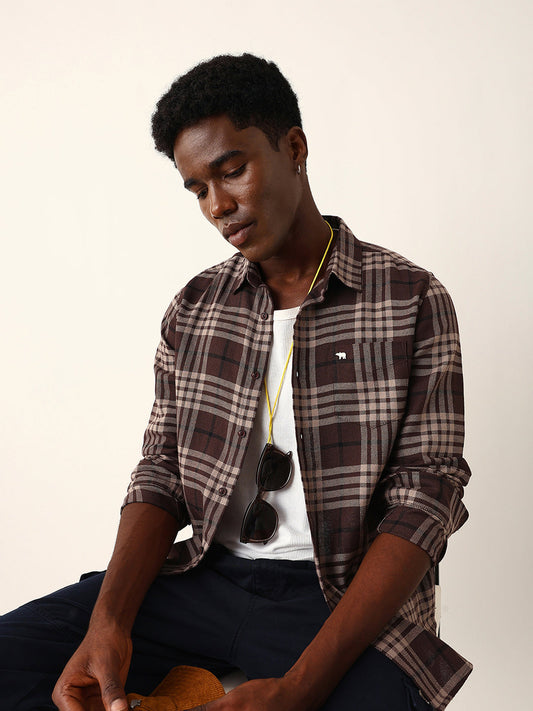 Brown Woven Check Slim Fit Casual Shirt