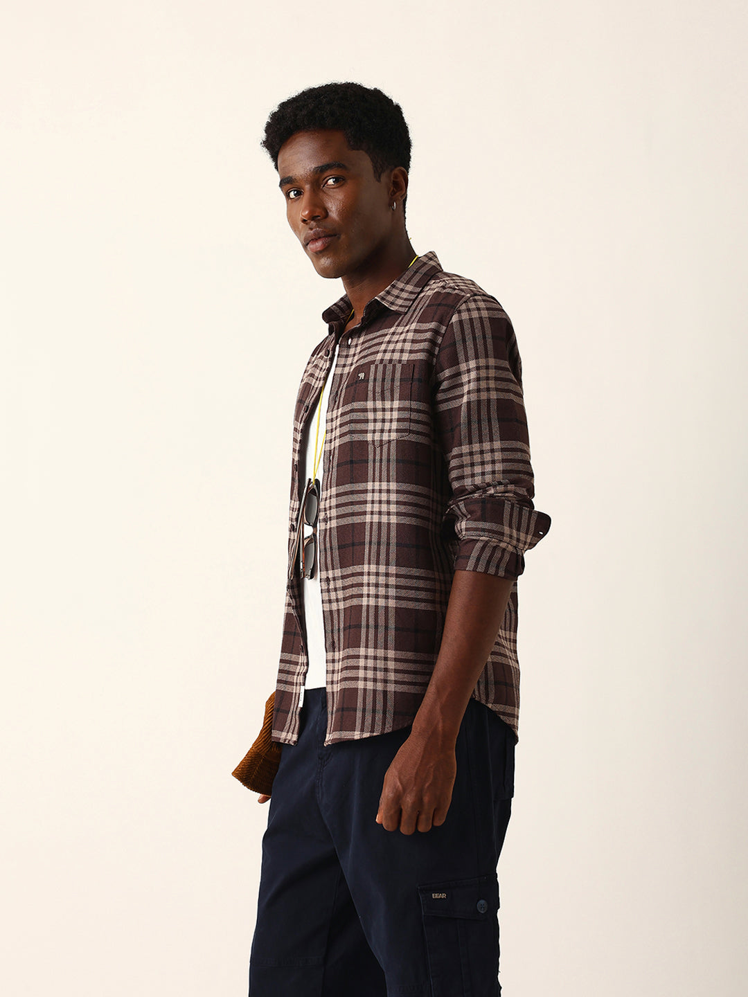 Brown Woven Check Slim Fit Casual Shirt