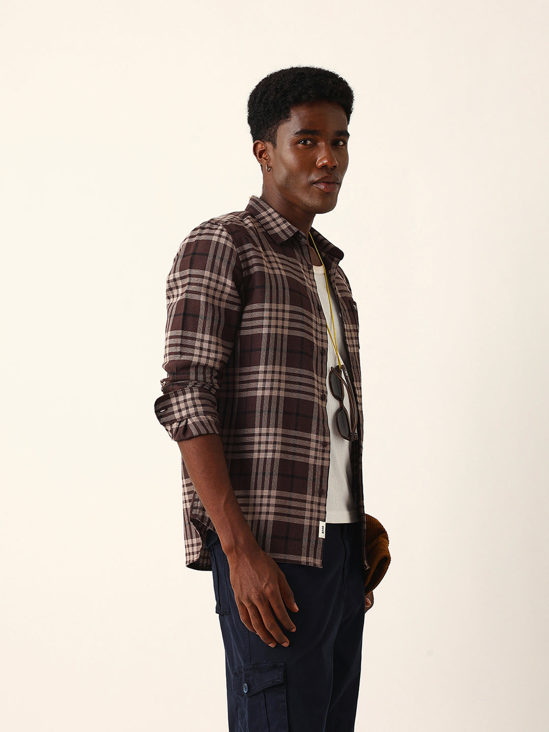 Brown Woven Check Slim Fit Casual Shirt