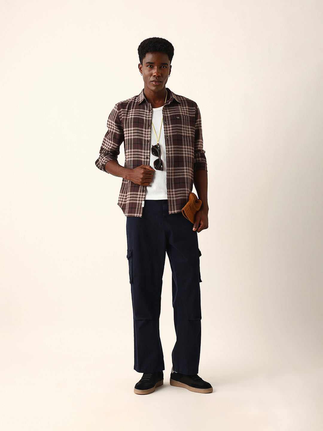 Brown Woven Check Slim Fit Casual Shirt