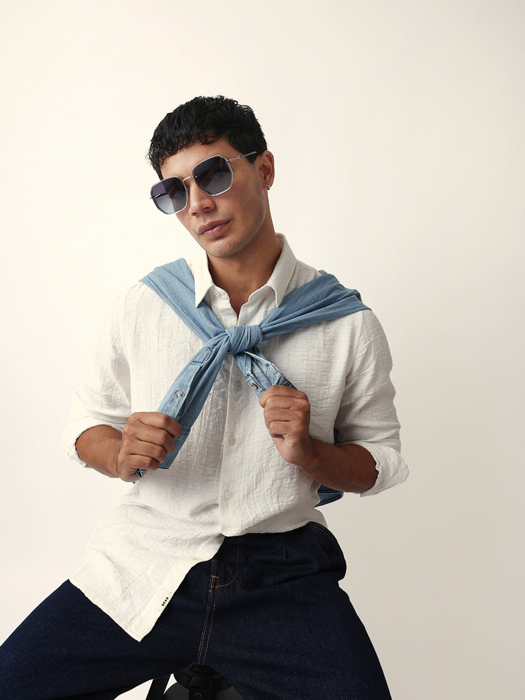 White Crinkle Textured Slim Fit Casual Shirt