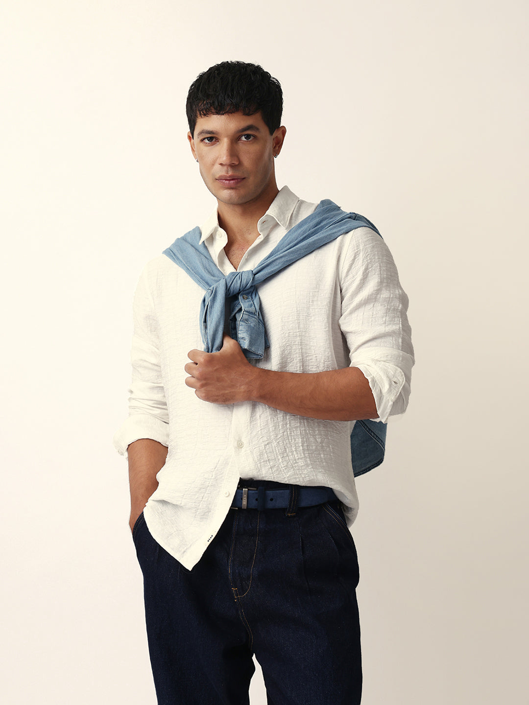 White Crinkle Textured Slim Fit Casual Shirt