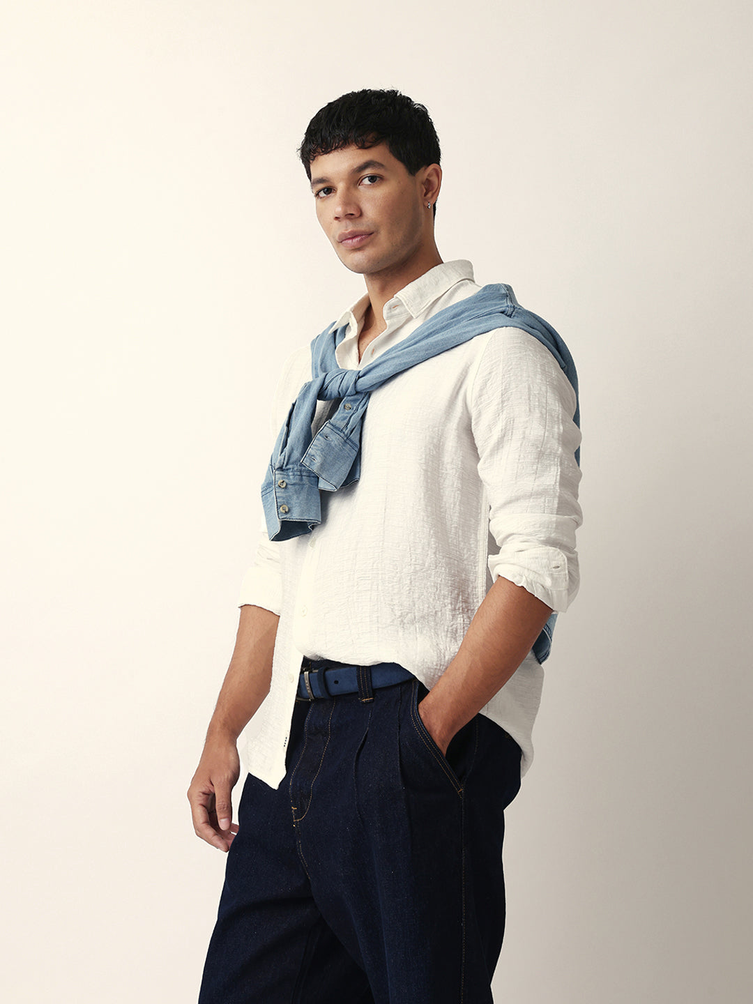 White Crinkle Textured Slim Fit Casual Shirt