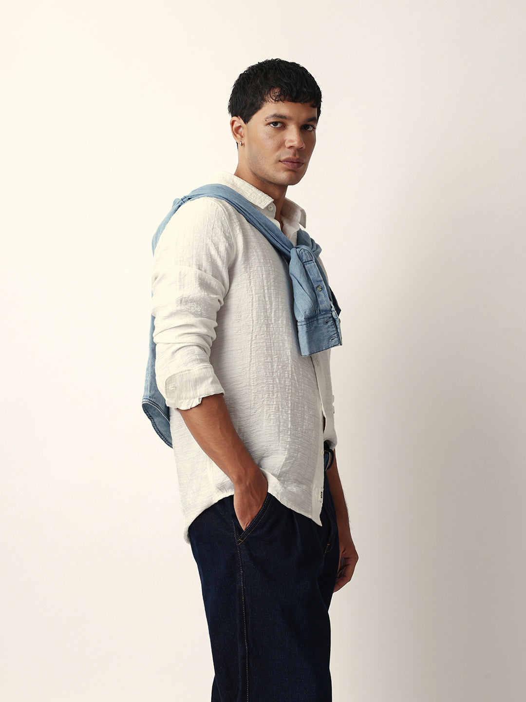 White Crinkle Textured Slim Fit Casual Shirt