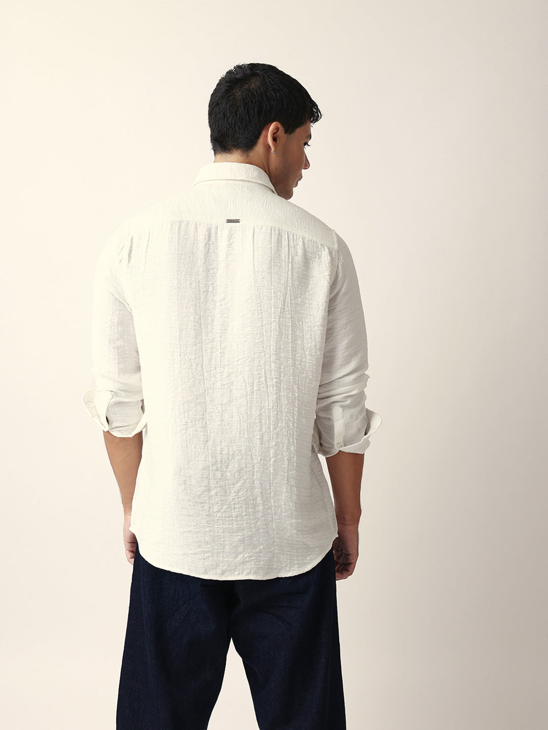 White Crinkle Textured Slim Fit Casual Shirt